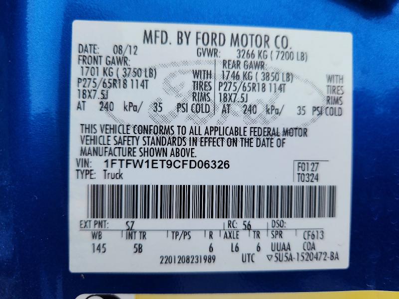 Продажа на аукционе авто 2012 Ford F150, vin: 1FTFW1ET9CFD06326, номер лота: 70281996