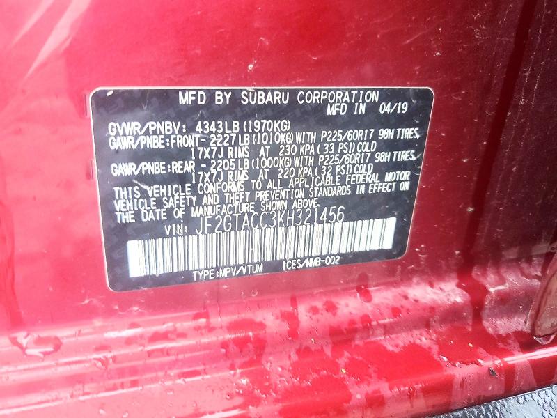68213376 :رقم المزاد ، JF2GTACC3KH321456 vin ، 2019 Subaru Crosstrek مزاد بيع