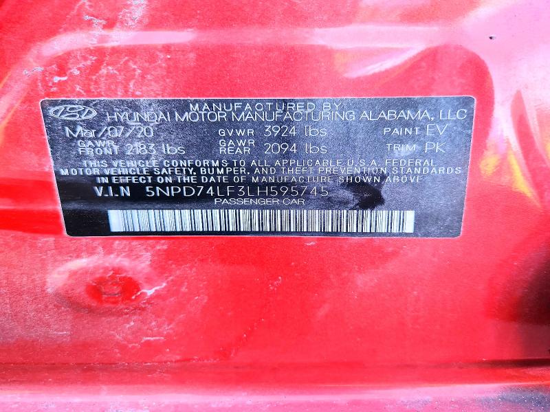 69417106 :رقم المزاد ، 5NPD74LF3LH595745 vin ، 2020 Hyundai Elantra مزاد بيع