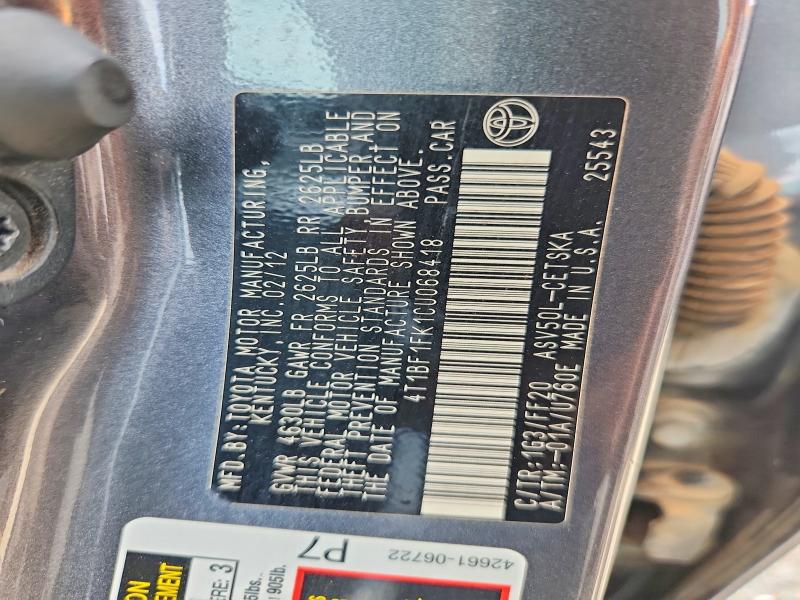 69064616 :رقم المزاد ، 4T1BF1FK1CU068418 vin ، 2012 Toyota Camry مزاد بيع