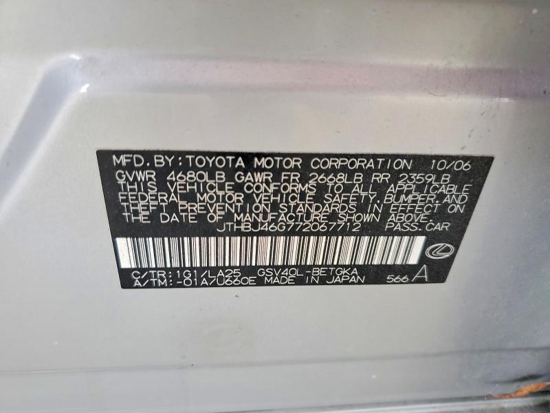 Продаж на аукціоні авто 2007 Lexus Es, vin: JTHBJ46G772067712, номер лоту: 69943106