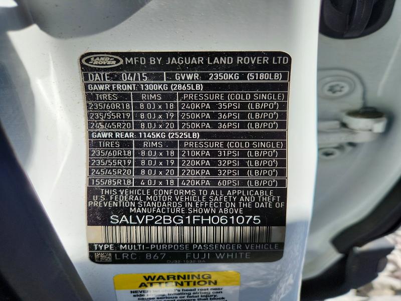 2015 Land Rover Range Rover Evoque მანქანა იყიდება აუქციონზე, vin: SALVP2BG1FH061075, აუქციონის ნომერი: 70261676