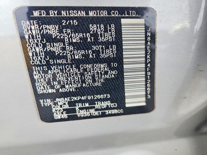 Продаж на аукціоні авто 2015 Nissan Quest, vin: JN8AE2KP4F9126673, номер лоту: 70658996