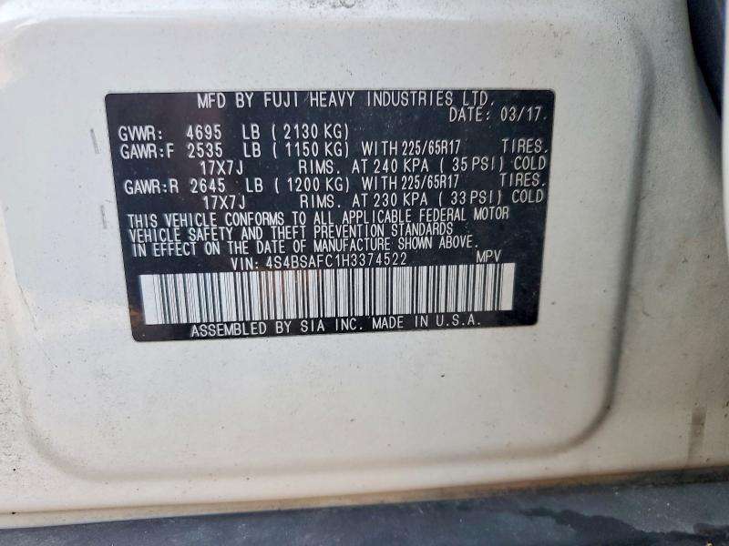 Aukcja sprzedaży 2017 Subaru Outback, vin: 4S4BSAFC1H3374522, numer aukcji: 66456706