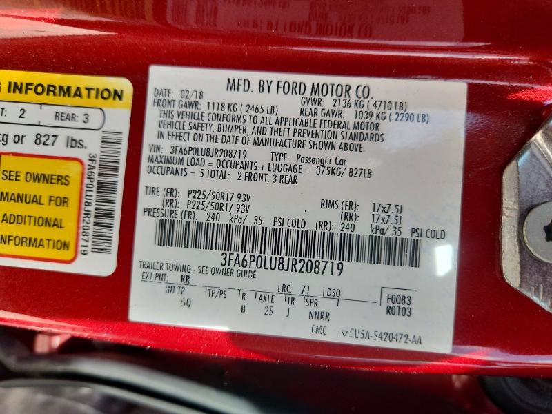 67622186 :رقم المزاد ، 3FA6P0LU8JR208719 vin ، 2018 Ford Fusion مزاد بيع