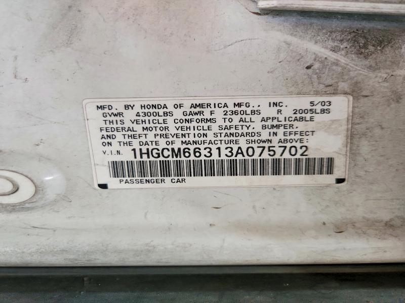 2003 Honda Accord მანქანა იყიდება აუქციონზე, vin: 1HGCM66313A075702, აუქციონის ნომერი: 67831096