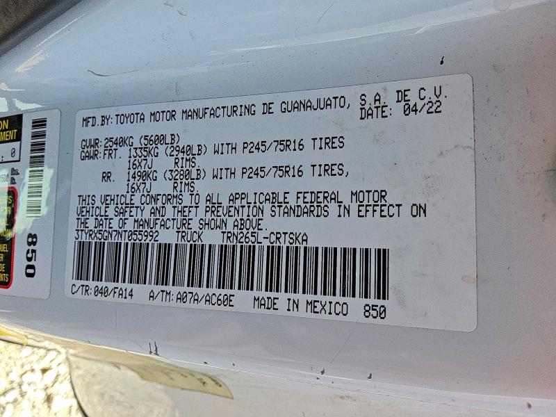 Aukcja sprzedaży 2022 Toyota Tacoma, vin: 3TYRX5GN7NT055992, numer aukcji: 69724296