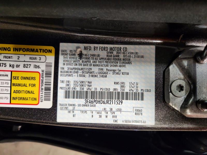 2018 Ford Fusion მანქანა იყიდება აუქციონზე, vin: 3FA6P0HD6JR211529, აუქციონის ნომერი: 70906626