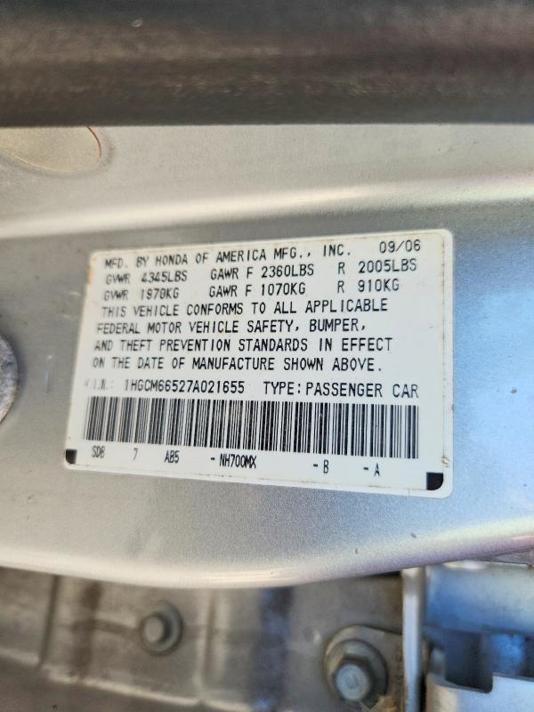 2007 Honda Accord მანქანა იყიდება აუქციონზე, vin: 1HGCM66527A021655, აუქციონის ნომერი: 68189606