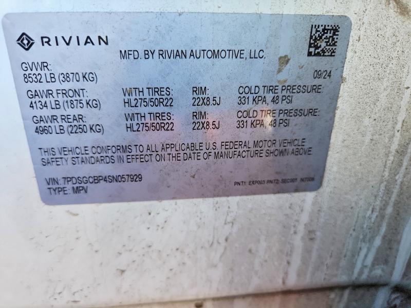 Aukcja sprzedaży 2025 Rivian R1s, vin: 7PDSGCBP4SN057929, numer aukcji: 62852396