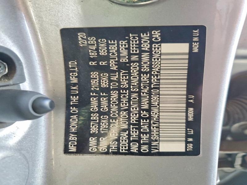 69815986 :رقم المزاد ، SHHFK7H45MU409010 vin ، 2021 Honda Civic مزاد بيع