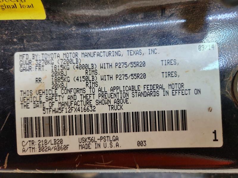 2015 Toyota Tundra მანქანა იყიდება აუქციონზე, vin: 5TFHW5F12FX416632, აუქციონის ნომერი: 67664096