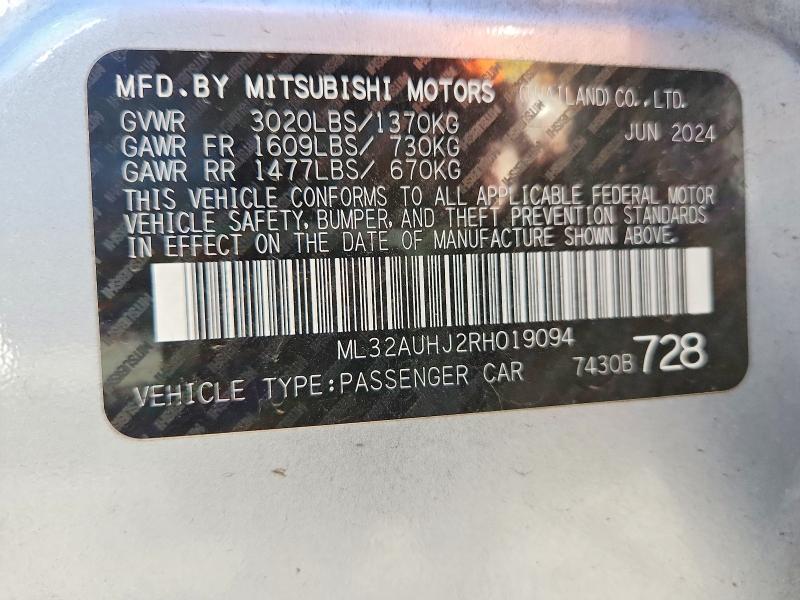 Aukcja sprzedaży 2024 Mitsubishi Mirage, vin: ML32AUHJ2RH019094, numer aukcji: 69444176