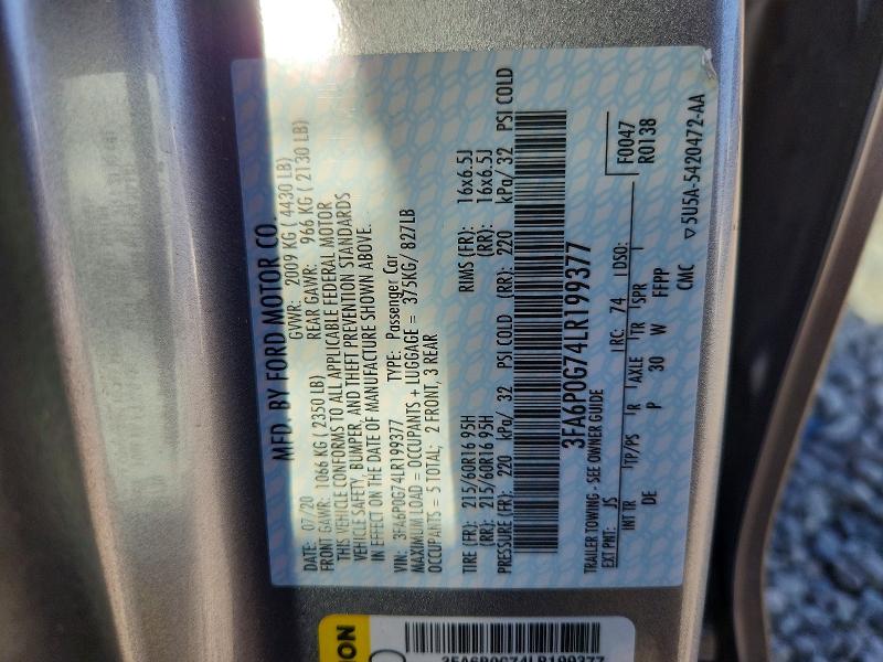Auction sale of the 2020 Ford Fusion, vin: 3FA6P0G74LR199377, lot number: 68069696