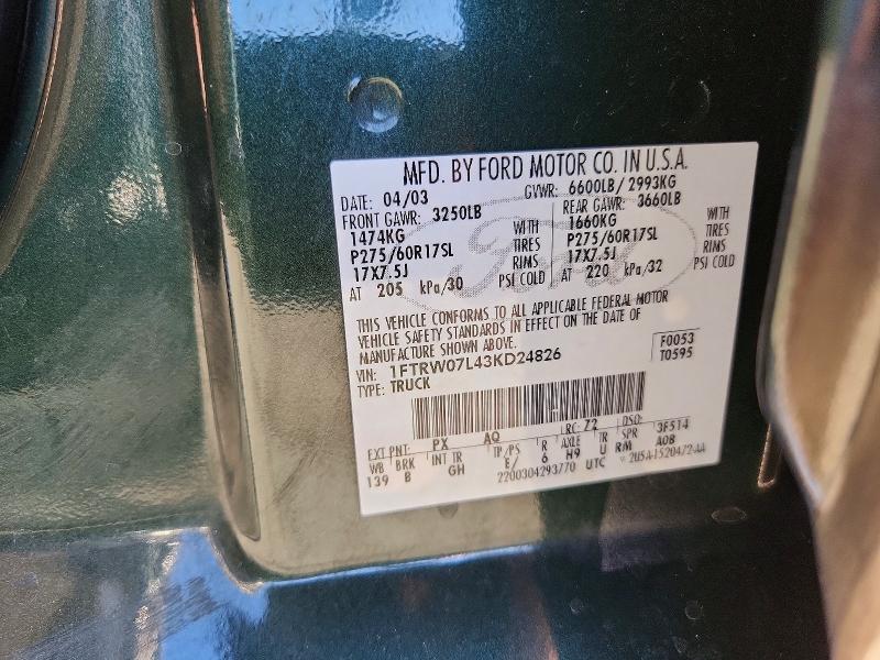 Продаж на аукціоні авто 2003 Ford F150, vin: 1FTRW07L43KD24826, номер лоту: 68509816