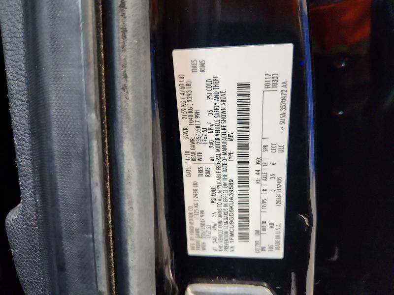 2019 Ford Escape მანქანა იყიდება აუქციონზე, vin: 1FMCU9GD5KUA39589, აუქციონის ნომერი: 68652496