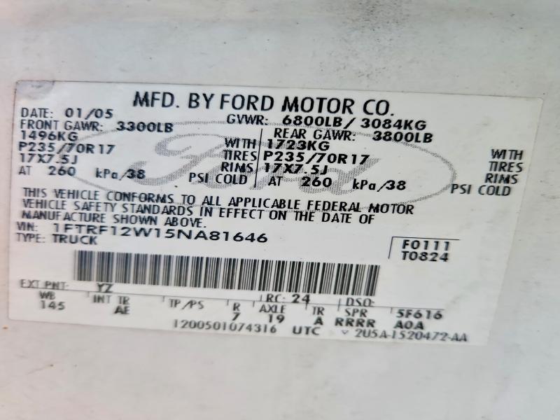 Aukcja sprzedaży 2005 Ford F150, vin: 1FTRF12W15NA81646, numer aukcji: 69284716