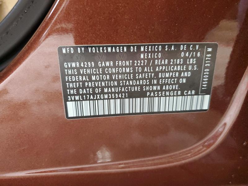2016 Volkswagen Jetta მანქანა იყიდება აუქციონზე, vin: 3VWL17AJXGM359421, აუქციონის ნომერი: 70048376