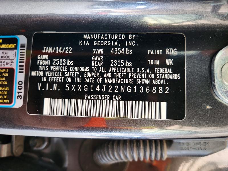 69151196 :رقم المزاد ، 5XXG14J22NG136882 vin ، 2022 Kia K5 مزاد بيع