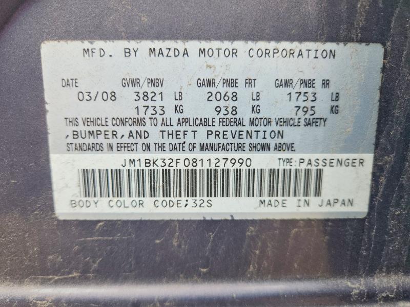 Aukcja sprzedaży 2008 Mazda 3, vin: JM1BK32F081127990, numer aukcji: 68193146