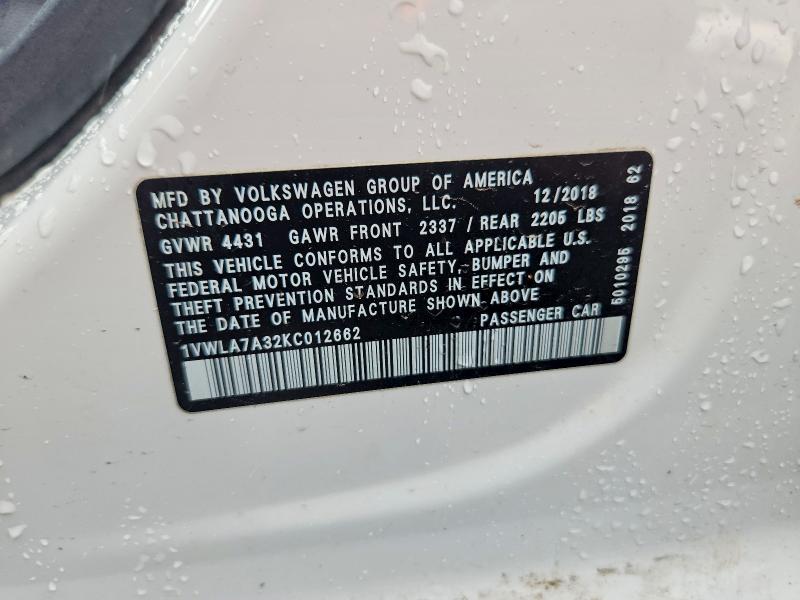 67500166 :رقم المزاد ، 1VWLA7A32KC012662 vin ، 2019 Volkswagen Passat مزاد بيع