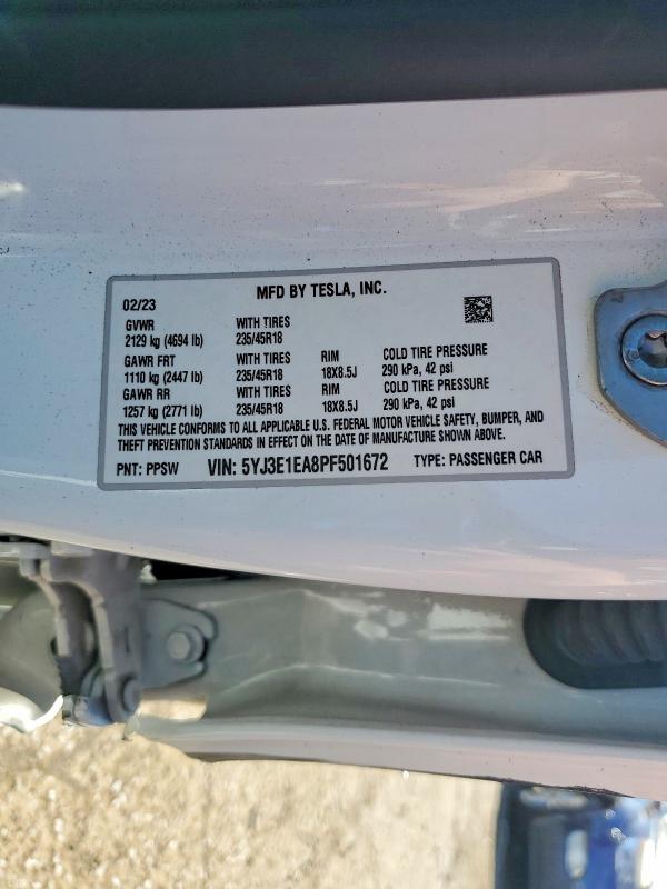 2023 Tesla Model 3 მანქანა იყიდება აუქციონზე, vin: 5YJ3E1EA8PF501672, აუქციონის ნომერი: 66207446