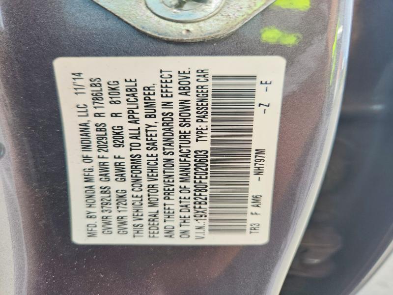 69878756 :رقم المزاد ، 19XFB2F80FE020603 vin ، 2015 Honda Civic مزاد بيع