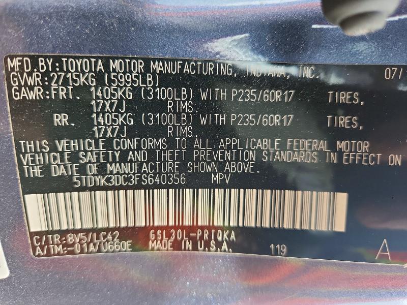 Aukcja sprzedaży 2015 Toyota Sienna, vin: 5TDYK3DC3FS640356, numer aukcji: 68062286