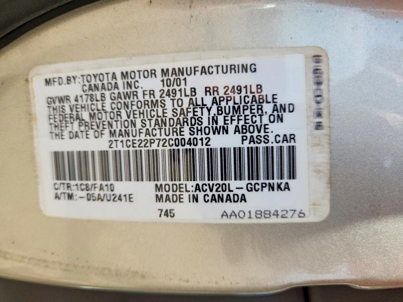67427246 :رقم المزاد ، 2T1CE22P72C004012 vin ، 2002 Toyota Camry Solara مزاد بيع
