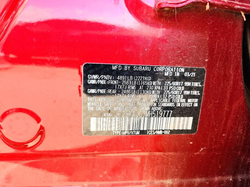 67409956 :رقم المزاد ، JF2SKAJC1MH519777 vin ، 2021 Subaru Forester مزاد بيع