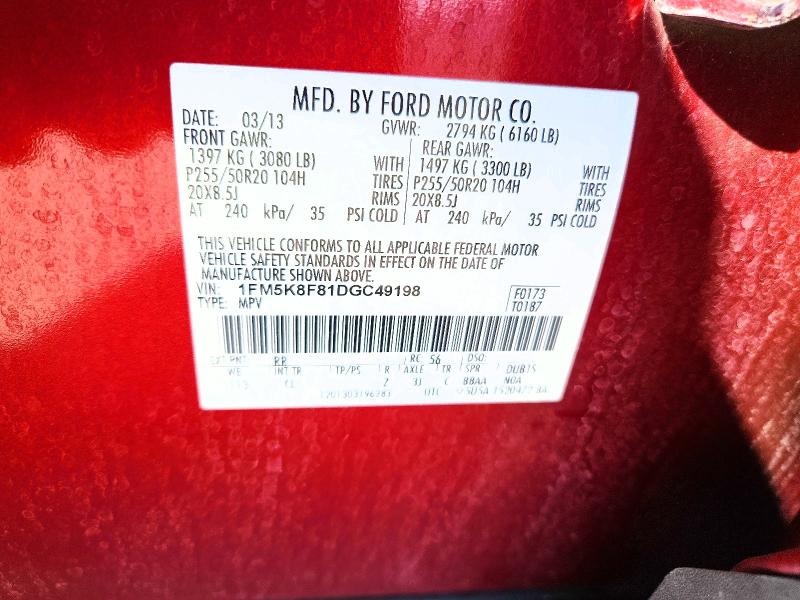 69505046 :رقم المزاد ، 1FM5K8F81DGC49198 vin ، 2013 Ford Explorer مزاد بيع
