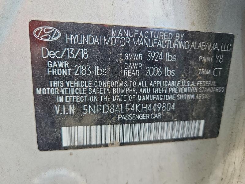 70600856 :رقم المزاد ، 5NPD84LF4KH449804 vin ، 2019 Hyundai Elantra مزاد بيع