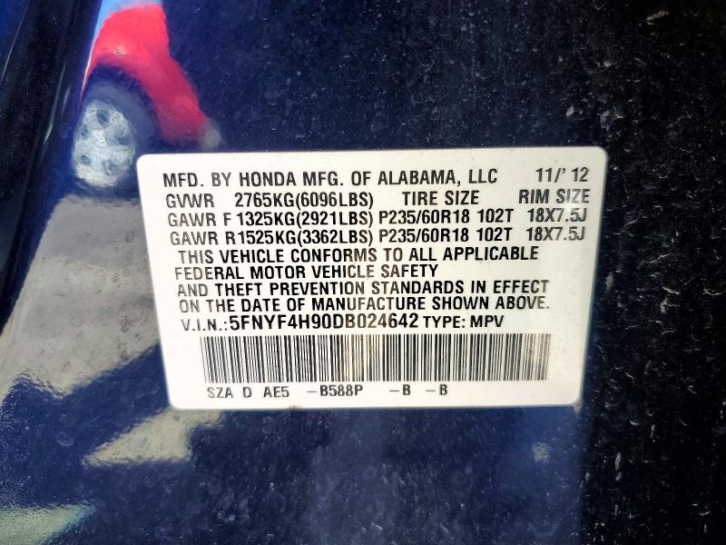 Продажа на аукционе авто 2013 Honda Pilot, vin: 5FNYF4H90DB024642, номер лота: 67797286