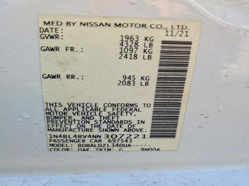 2022 Nissan Altima მანქანა იყიდება აუქციონზე, vin: 1N4BL4BV4NN307221, აუქციონის ნომერი: 69341346