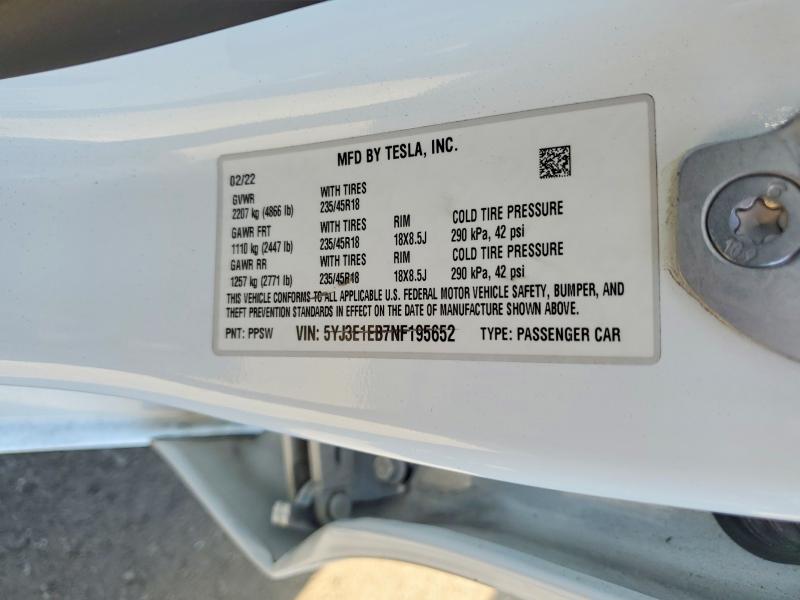 Продажа на аукционе авто 2022 Tesla Model 3, vin: 5YJ3E1EB7NF195652, номер лота: 68405516