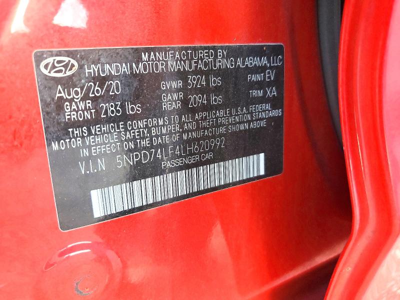 68380106 :رقم المزاد ، 5NPD74LF4LH620992 vin ، 2020 Hyundai Elantra مزاد بيع