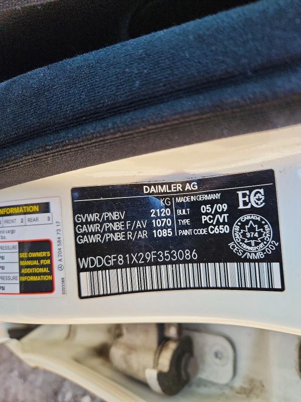 68341346 :رقم المزاد ، WDDGF81X29F353086 vin ، 2009 Mercedes-benz C مزاد بيع