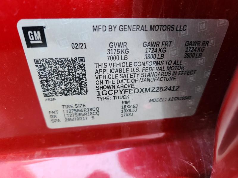 67837616 :رقم المزاد ، 1GCPYFEDXMZ252412 vin ، 2021 Chevrolet Silverado مزاد بيع