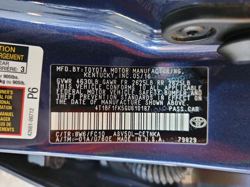 67418476 :رقم المزاد ، 4T1BF1FK5GU610187 vin ، 2016 Toyota Camry مزاد بيع