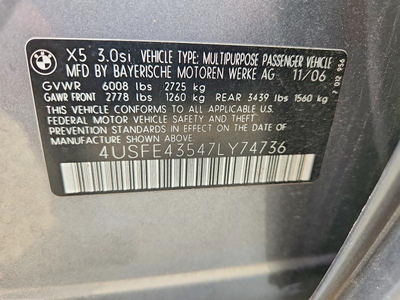 Aukcja sprzedaży 2007 Bmw X5, vin: 4USFE43547LY74736, numer aukcji: 66987336