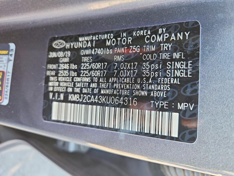 69727496 :رقم المزاد ، KM8J2CA43KU064316 vin ، 2019 Hyundai Tucson مزاد بيع