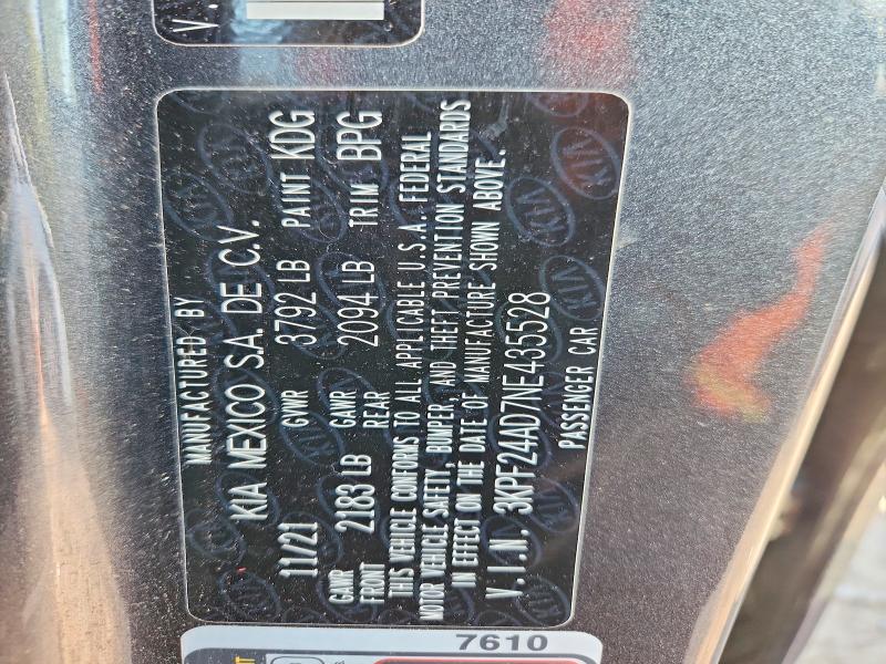66960206 :رقم المزاد ، 3KPF24AD7NE435528 vin ، 2022 Kia Forte مزاد بيع