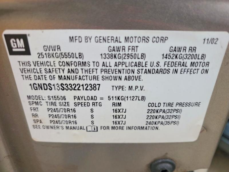 69120886 :رقم المزاد ، 1GNDS13S332212387 vin ، 2003 Chevrolet Trailblazer مزاد بيع