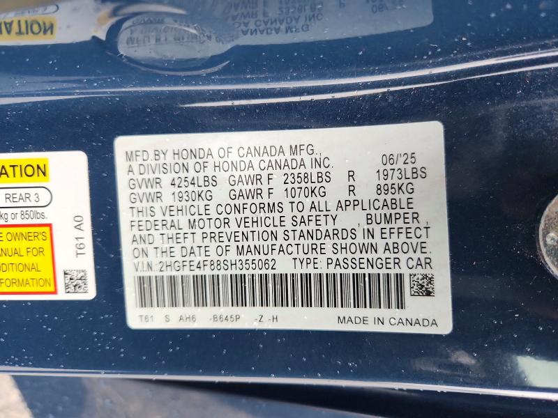 Продаж на аукціоні авто 2025 Honda Civic, vin: 2HGFE4F88SH355062, номер лоту: 67159656