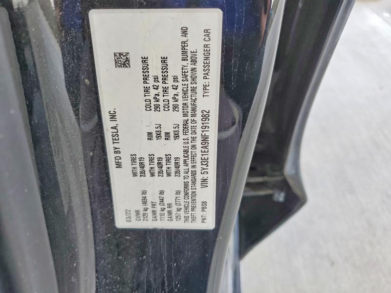 69724066 :رقم المزاد ، 5YJ3E1EA9NF191982 vin ، 2022 Tesla Model 3 مزاد بيع