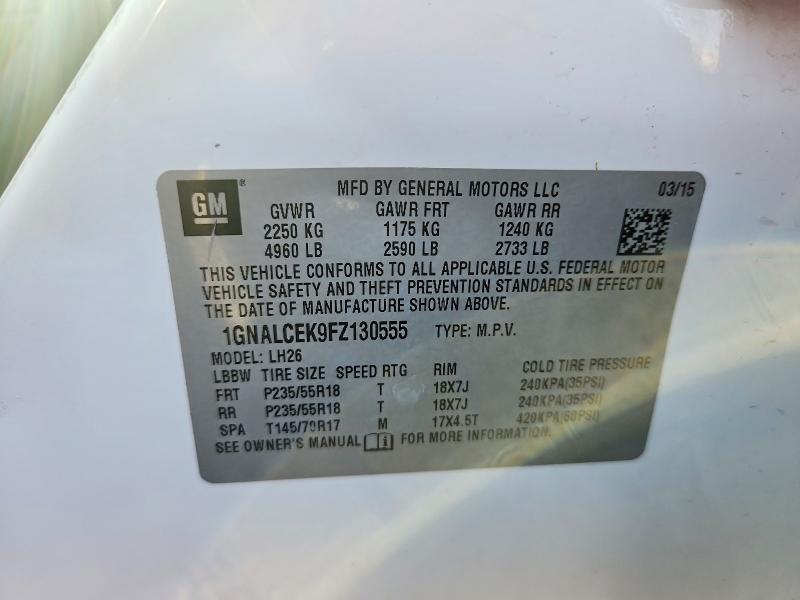 2015 Chevrolet Equinox მანქანა იყიდება აუქციონზე, vin: 1GNALCEK9FZ130555, აუქციონის ნომერი: 67696976