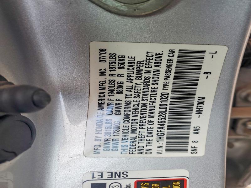 2008 Honda Civic მანქანა იყიდება აუქციონზე, vin: 1HGFA46528L001020, აუქციონის ნომერი: 69961396