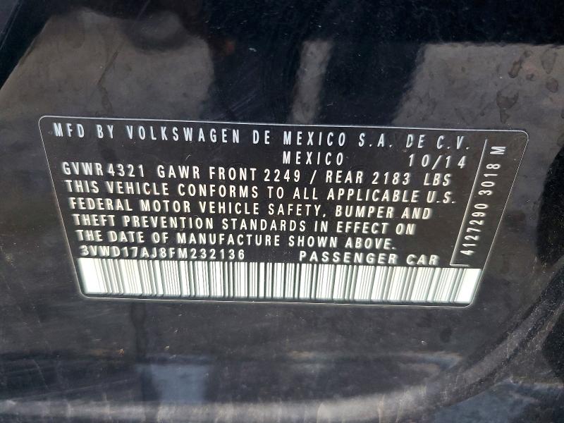 2015 Volkswagen Jetta მანქანა იყიდება აუქციონზე, vin: 3VWD17AJ8FM232136, აუქციონის ნომერი: 67890526