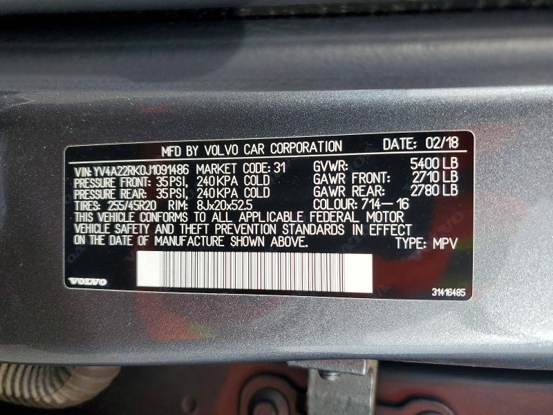 Auction sale of the 2018 Volvo Xc60, vin: YV4A22RK0J1091486, lot number: 70511796