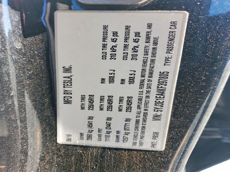 2019 Tesla Model 3 მანქანა იყიდება აუქციონზე, vin: 5YJ3E1EA4KF397805, აუქციონის ნომერი: 68725886